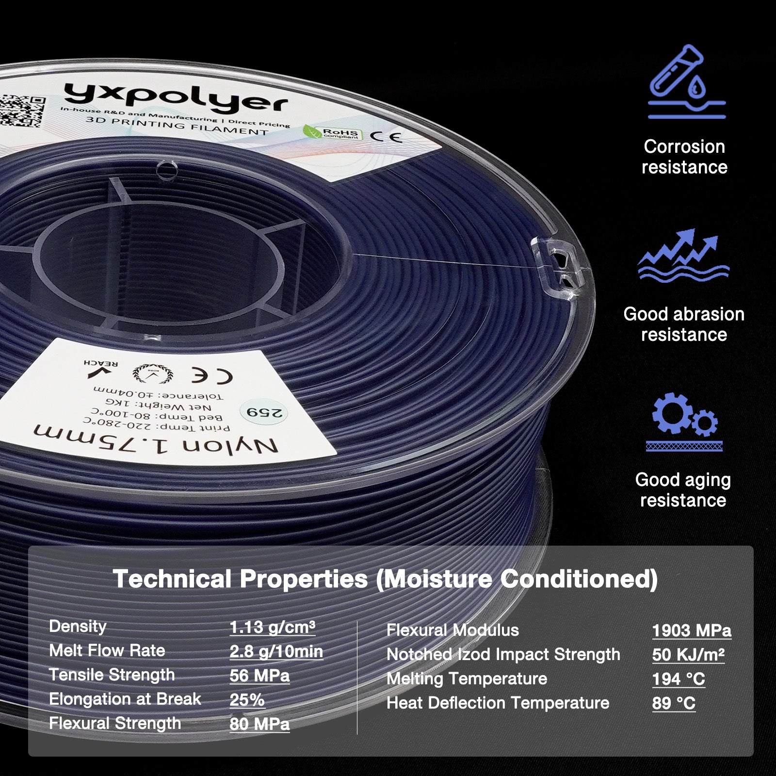 YXPOLYER Nylon 3D Printer Filament Blue PA6 1kg Nylon with Heat